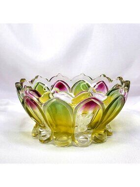 VTG Glass Bowl Hand-Painted Pink & Green Floral Design 4" Diameter Candy Dish